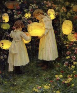 Luther Emerson Van Goder 1895- painting of children with lanterns